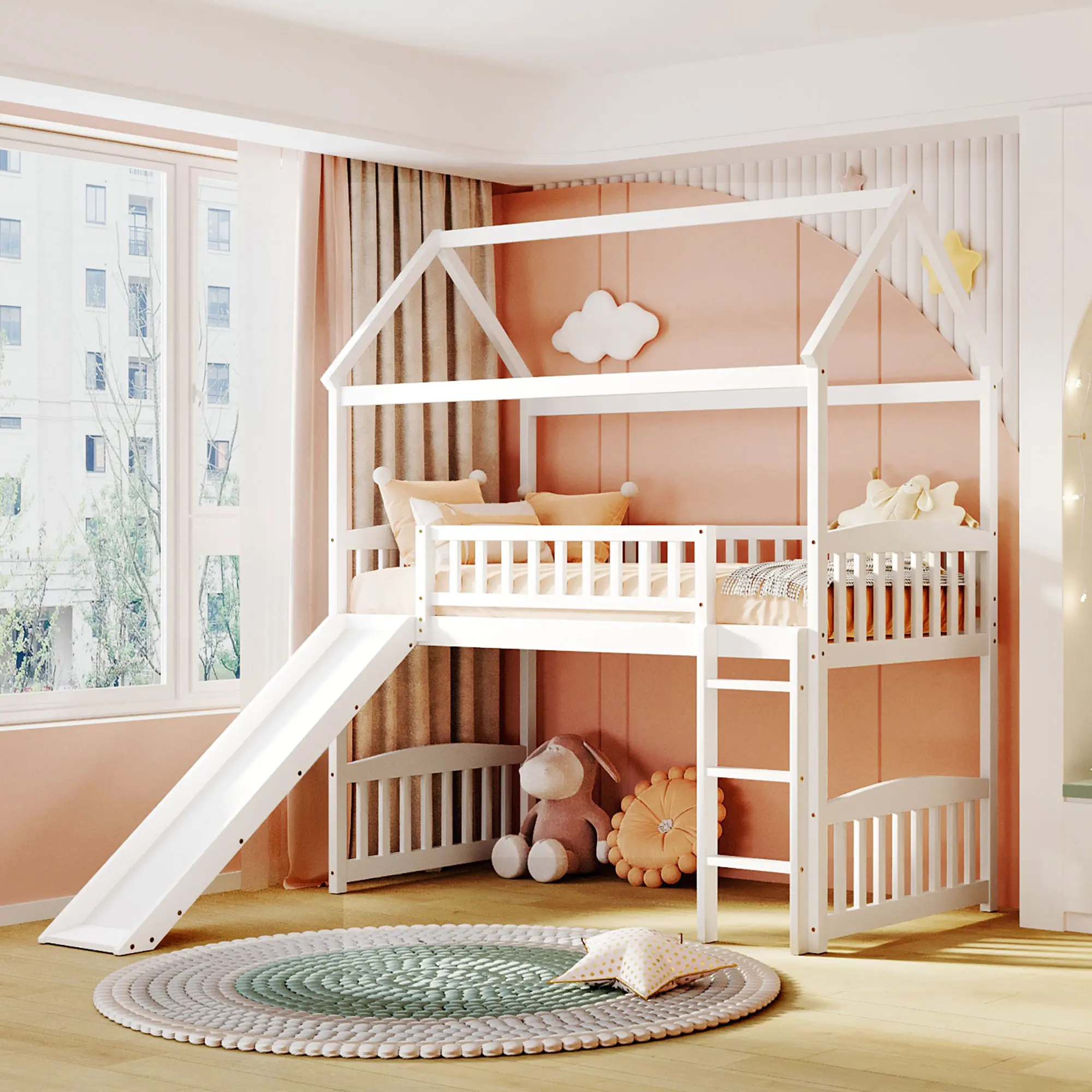 Bellemave Standard Twin Solid Pine Loft Bed - Slide, Whimsical Playhouse Design, Play Area, Secure Space-Saver Structure, 79.5" x 41.8" x 94" Safety-Focused Elegant Modern Construction