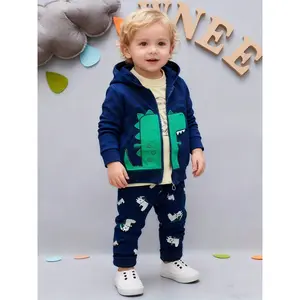 3pcs Boys' Dinosaur Print Hoodie & Pants Set - Green Dino Matching Outfit with White Piping Hooded Jacket, Elastic Waist Pants & Dino Pocket |         Spring/Fall Casual Wear for Baby Boys & (Easy-Care 3pcs Costume), Perfect for Outdoor