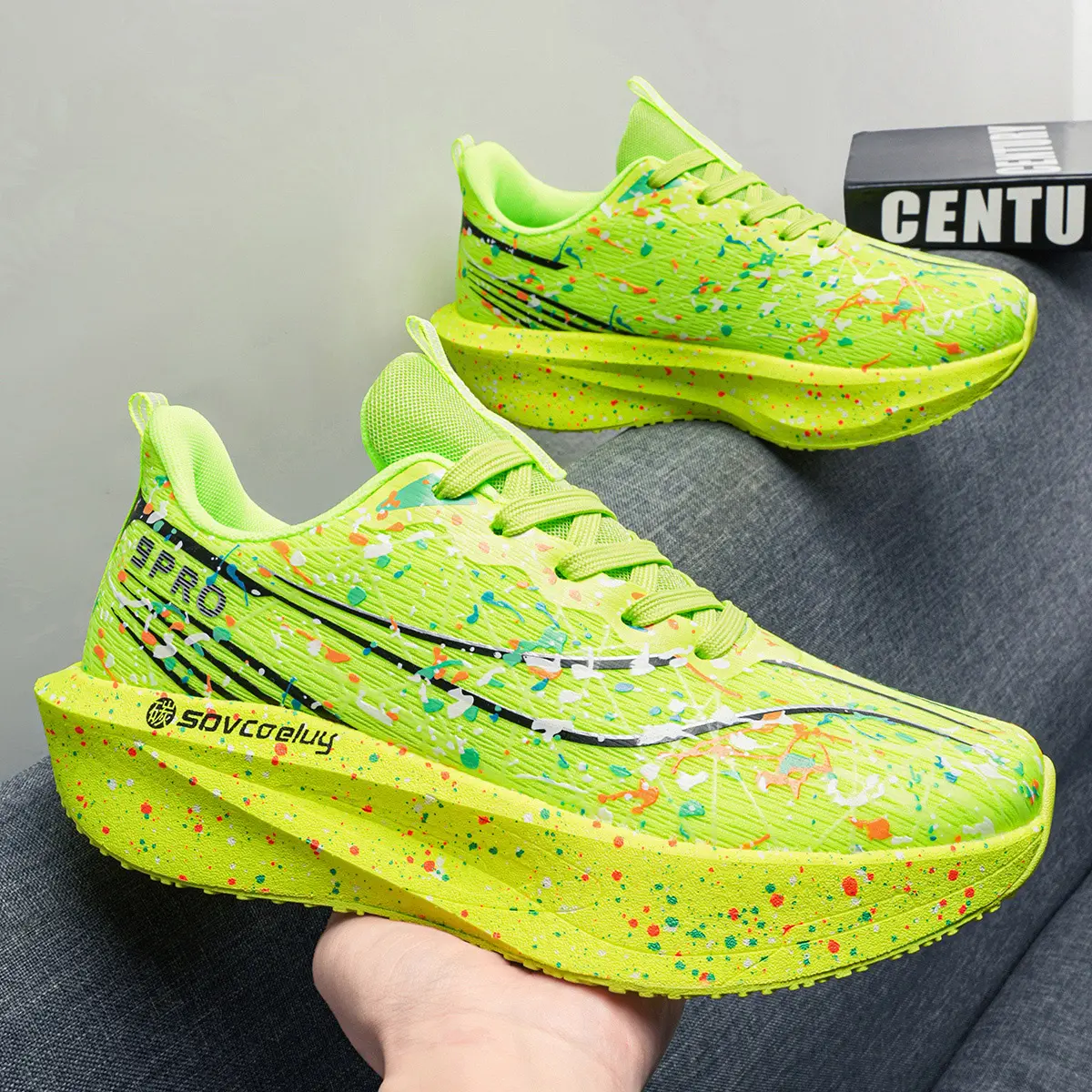 Men Gradient Splatter Carbon Plate Outdoor Running Shoes Breathable Light Knit Upper Shock Absorb Cushion Sole Lace Up Anti Slip Wear Resistant Athletic Sneakers For Road Jogging Trail Hiking Gym Training Daily Street Casual Outdoor Travel Sports Footwear