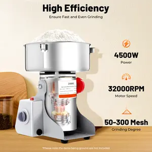 4500W 2500g Commercial Grain Mill Grinder 110V 32000rpm Stainless Steel Dry Spice Coffee Bean Herb Mill 50-300 Mesh Home Clinic Lab Use