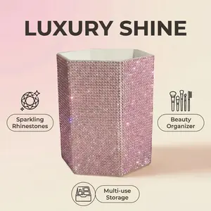 diamond-encrusted  makeup brush holder,  colored rhinestones inlaid on the surface, luxurious sparkle, full diamond pattern, hexagonal cylinder, beauty tool storage box, suitable for bedroom dressing table, dressing room desktop