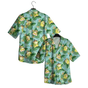 Duck Hawaii All-over Print Short-sleeve Hawaiian Shirt, Palm Tree Anime Manga Aloha Summer Beach Tropical Button Down Shirt, Casual Vacation Floral Shirts