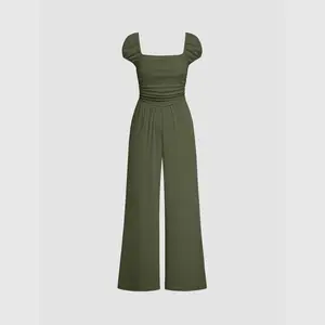 Cider [3 colors, size 2-10] Jersey Square Neck Ruched Pocket Jumpsuit, Cute Stretchy Overalls Look SwimWeek