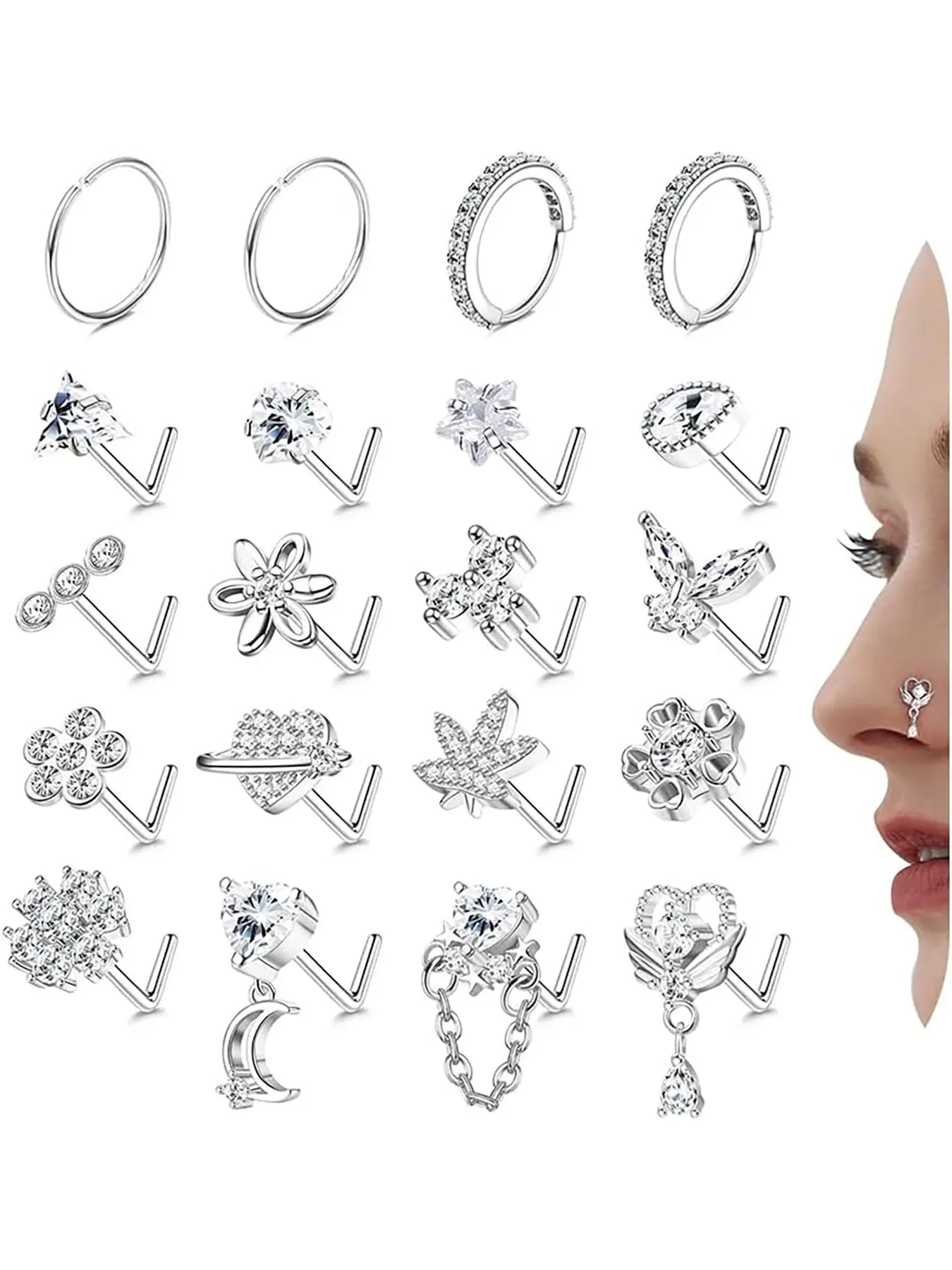 L Shaped Nose Ring, Stainless Steel Nose Studs Ring, Nose Rings Hoops, Dangle CZ Butterfly Flower Nose Studs Hoops Body Piercings Jewelry Gift for Women Men, Nose Piercings Kit