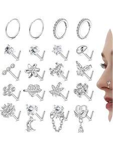 L Shaped Nose Ring, Stainless Steel Nose Studs Ring, Dangle CZ Butterfly Flower Nose Studs Hoops Piercings Jewelry Gift for Women Men, Nose Piercings Kit