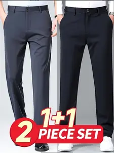 2-pieces Men's New Loose Straight Leg Elastic Solid Color Formal Pants, Office Pants, Casual Business Chinos, Anti-Wrinkle Comfortable Business Casual Trousers for Work and Weekend, Casual Elastic Waist