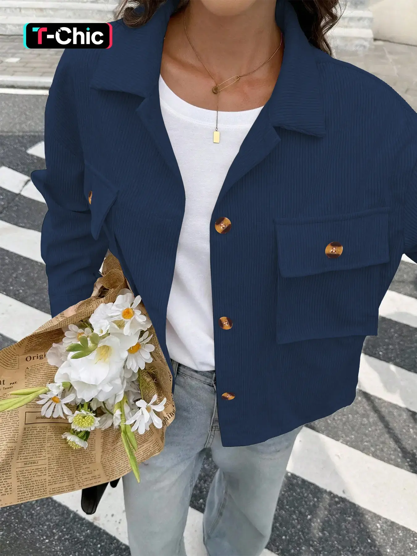 New Spring Fall Corduroy Women's Jacket, Fashionable Retro Loose Fit Collar Long Sleeve Outerwear, Casual Fitted Coat for All Seasons