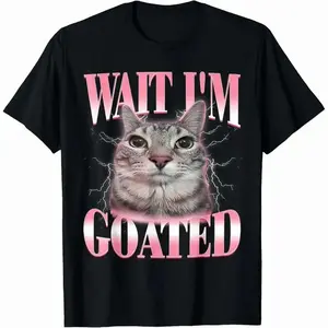 Funny Silly Cat Brainrot Wait I'm Goated Cat Meme Saying T-Shirt for Men Women graphic tee