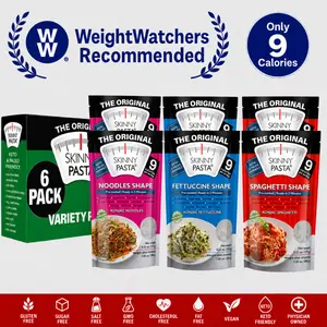 Skinny Pasta Original 9-Calorie Variety Pack | Low Carb, Gluten Free, Keto & Vegan-Friendly | Spaghetti, Fettuccine, and Noodles Shapes | Ramen and Pho Alternative | Ready in 2 Minutes (6 Pack)
