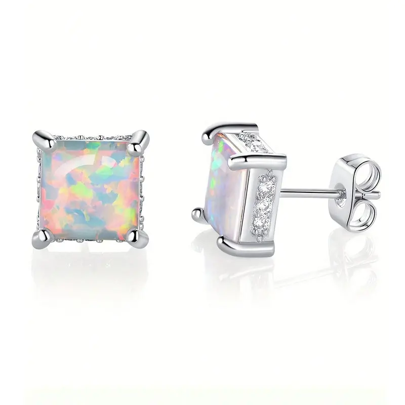 Square opal earrings, unisex for women and men, 14K white gold plated. Luxurious high-end accessory jewelry. Gift.