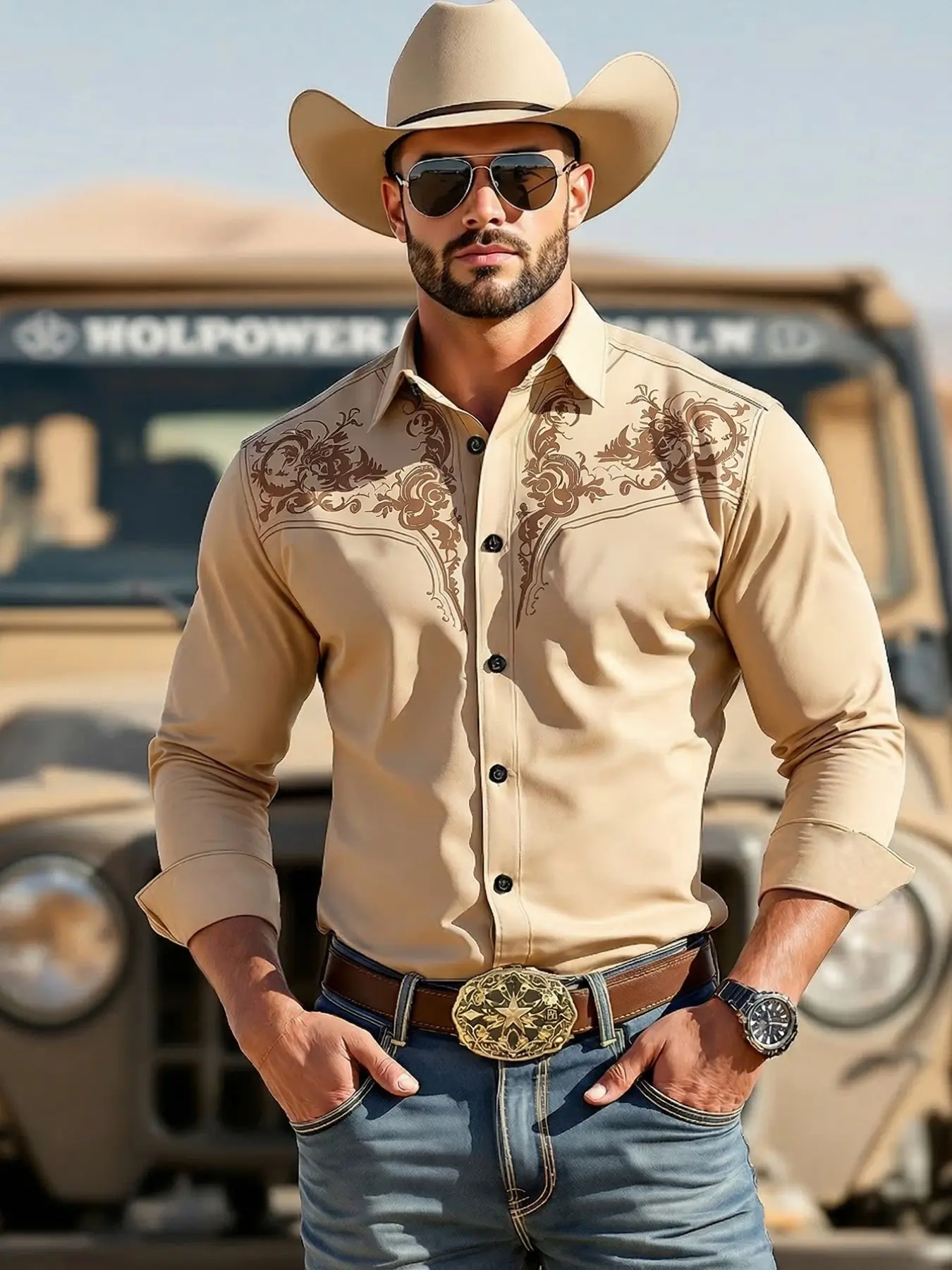Men’s Khaki Western Cowboy Casual Trendy Shirt |  Long Sleeve Button Down | Rodeo, Festival & Country Style Outfit