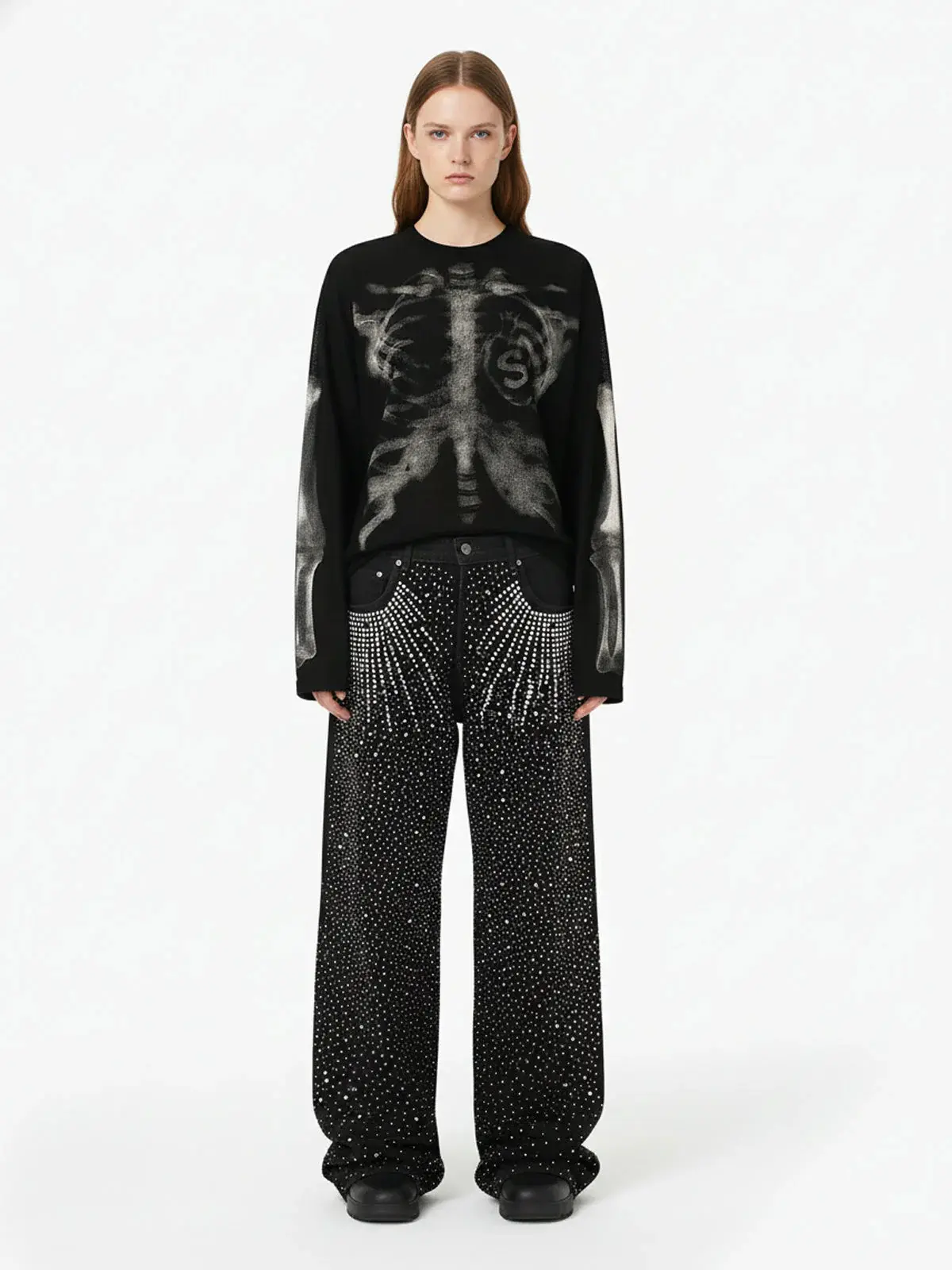 Thesupermade Skeleton Graphic Waffle Sweatshirt – Spooky Halloween Vibes - 2495,back to school,back to school shopping