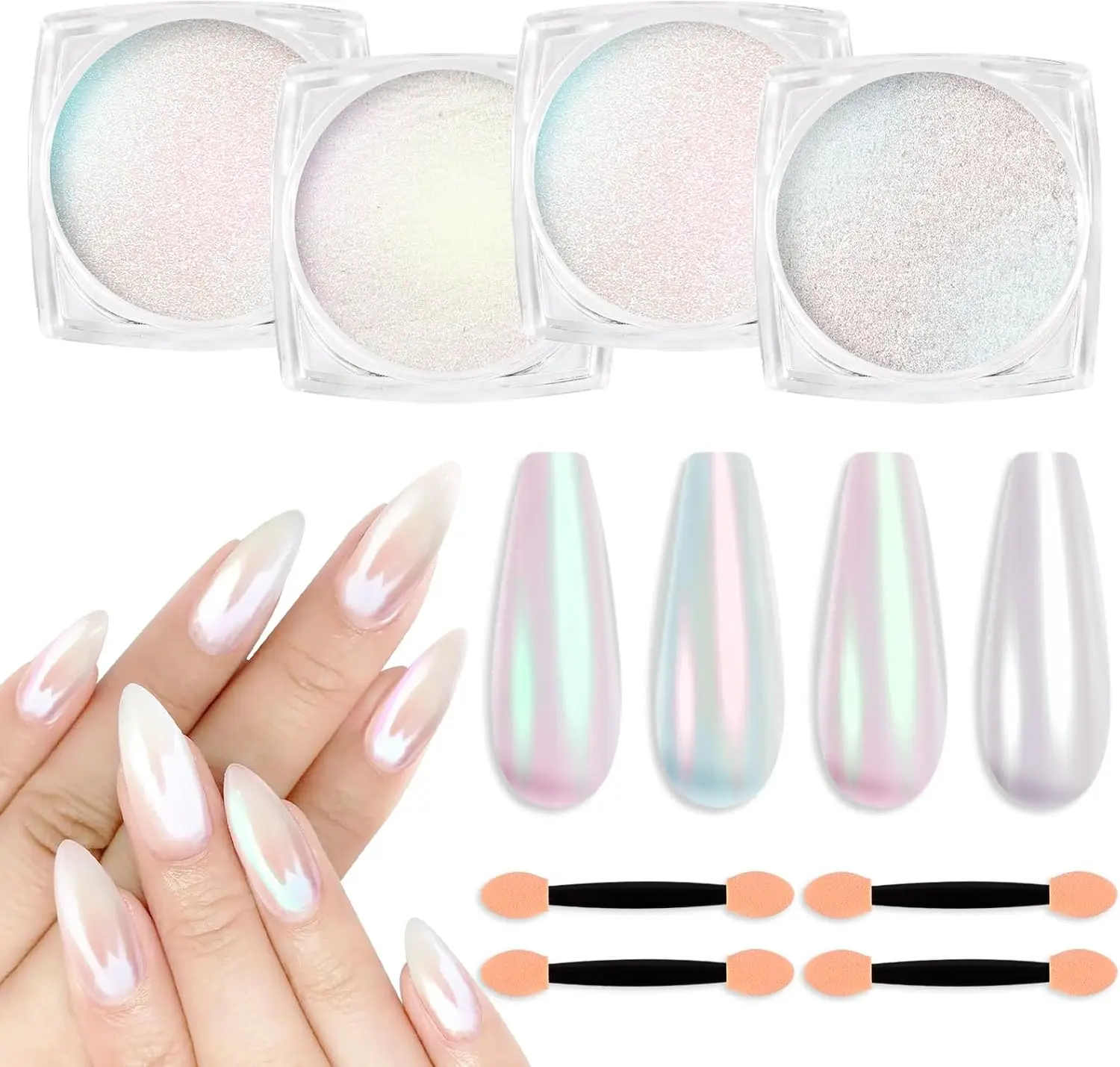 4-Color Chrome Nail Powder - Metallic Mirror Glitter Pigment, Iridescent Aurora Mermaid Pearl Dust for Gel Polish Nail Art & Resin Crafts