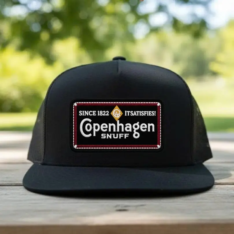 Copenhagen Snuff Embroidered Patch Trucker Hat, Vintage Tobacco-Inspired Snapback Mesh Cap, Retro Country Hat Gift for Men