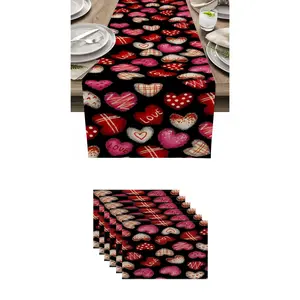 7pcs,Valentine's Day Decor Set, Table Runner, Placemat, Pillow, Heart Kitchen Dining Room Decoration, Indoor Outdoor Party Supplies