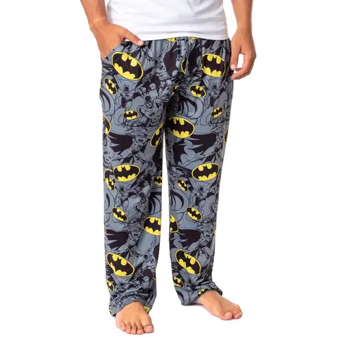 DC Comics Batman Men's Classic Character-Themed Pajama Bottoms - Polyester Fabric, Tie-Closure Nightwear, Retro Bat Symbol Print Loungewear
