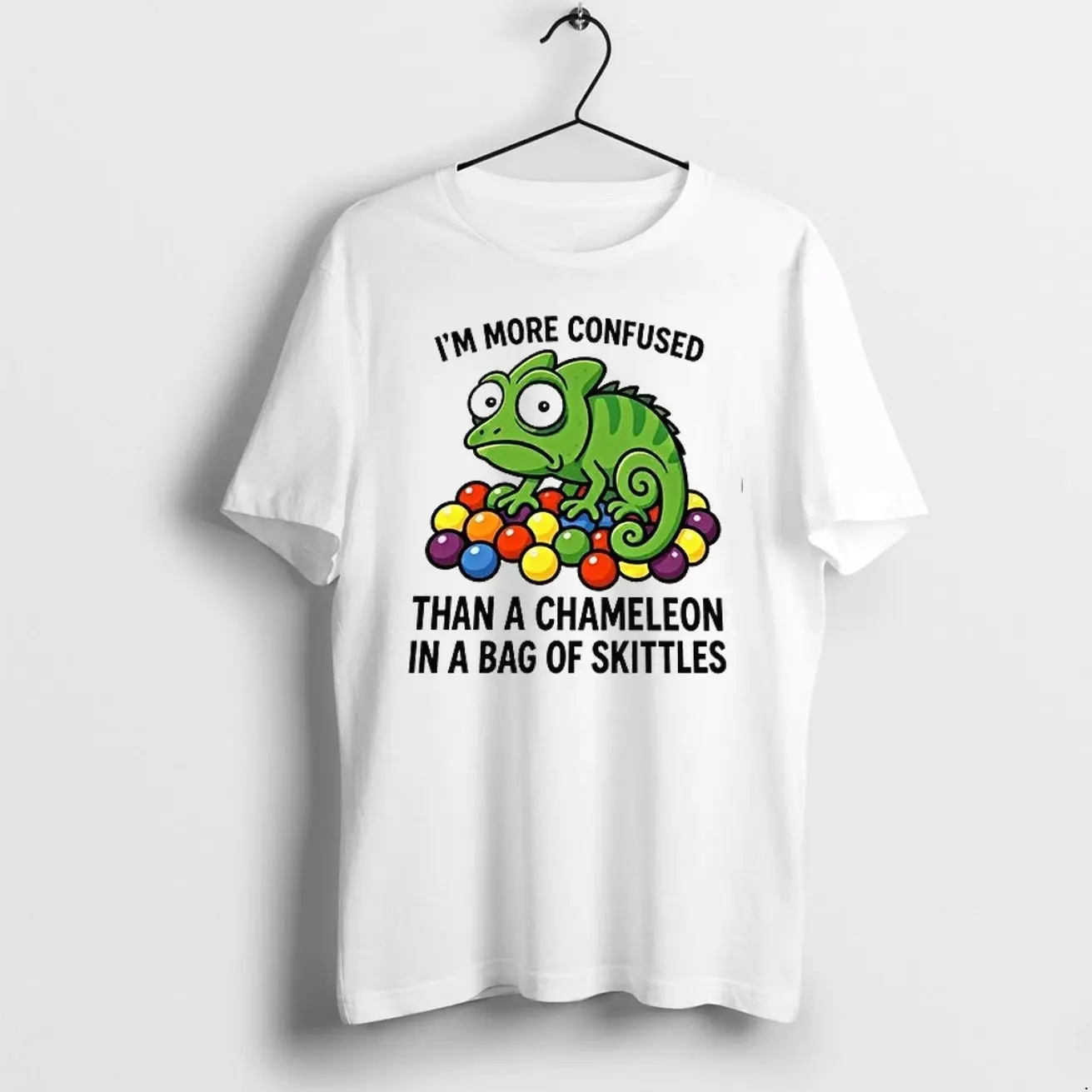Men's Cotton Casual T-Shirt - Short-Sleeve, Comfortable Clothes with "I'm More Confused Than A Chameleon In A Bag Of Skittles" Print, Available as Sweater, Hoodie (HBB)