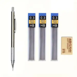 Metal Mechanical Pencil Set, 5counts/set 0.3/0.5/0.7/0.9/1.3/2.0mm Drawing Automatic Hb Pencil Set with Leads, Including 1 Pen & 3 Refills & 1pc Eraser, Writing Supplies for Office School Home Drawing Pencils Set