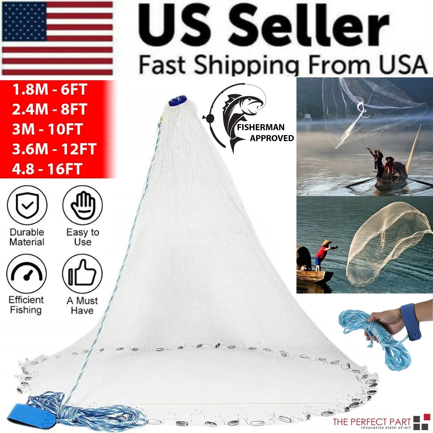 Easy-Throw Hand Cast Net, 6/8/10/12/16FT Strong Nylon Mesh Bait Net, USA-Sourced Outdoor Accessory