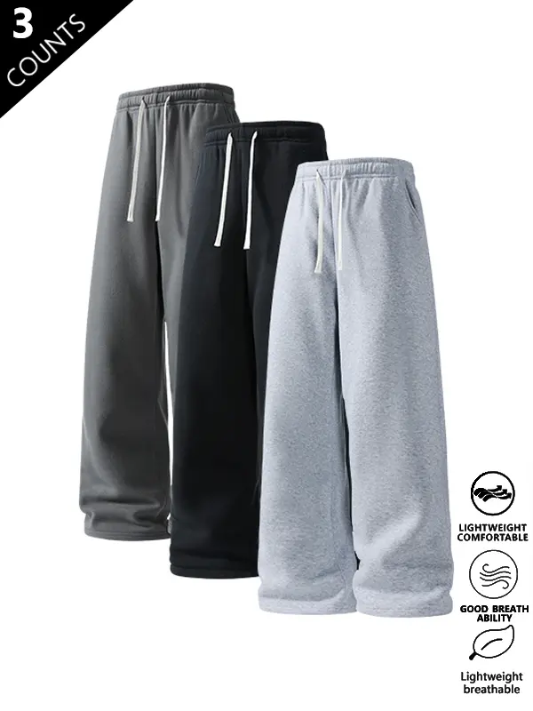 3-pack men’s straight-leg loose wide-leg pants; stylish street-style versatile casual drawstring joggers with a relaxed straight fit; knit versatile sweatpants suitable for spring, summer, and autumn.