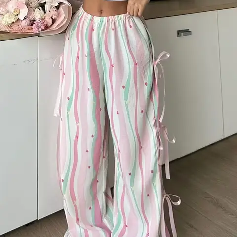 Women's Plaid Print Casual Loose Fitting Sleepwear Loungewear Pajamas Pjs, Elastic Waist Bow Design, All-Season Loose Fit, One Piece Set, Winter Style, Casual Home Wear