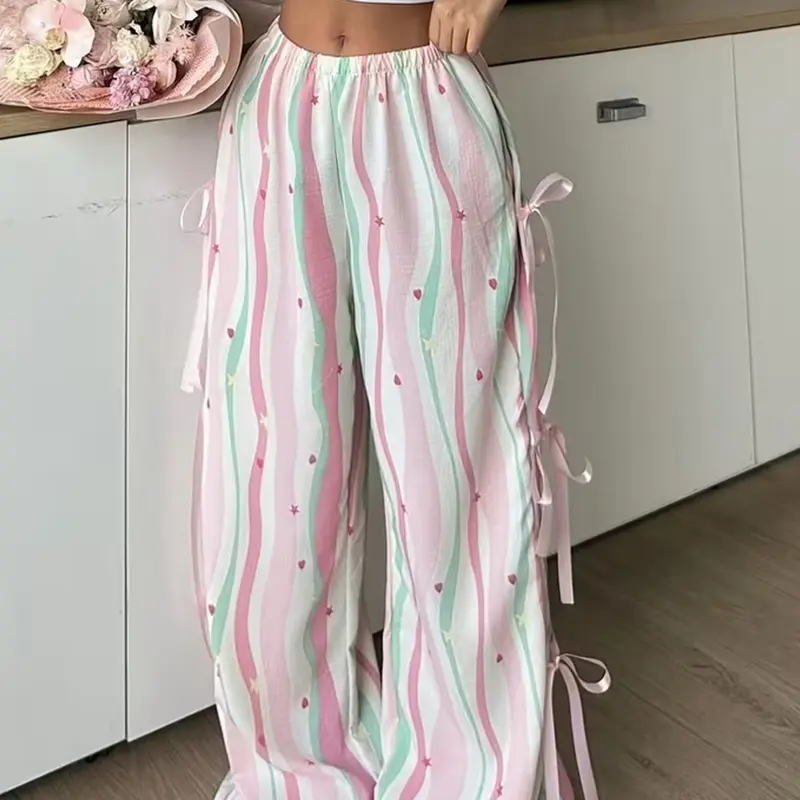 Women's Plaid Print Casual Loose Fitting Sleepwear Loungewear Pajamas Pjs, Elastic Waist Bow Design, All-Season Loose Fit, One Piece Set, Winter Style, Casual Home Wear