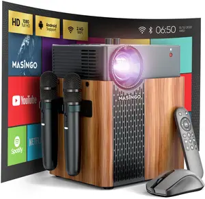 MASINGO New 4-in-1 Portable Karaoke Machine with Smart 1080p Projector w/WiFi, 30W Compact Speakers & 2 Wireless Microphones. Built-in Android System for Lyrics Display Apps, Netflix, YouTube, Audio, Movies etc. - Q4