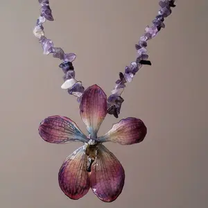 Real Mokara Orchid Necklace - Customizable Statement Jewelry with 2.5 Inch Preserved Flower in Clear Resin - Handmade with Ribbon Suede Leather Amethyst or Turquoise Natural Stones