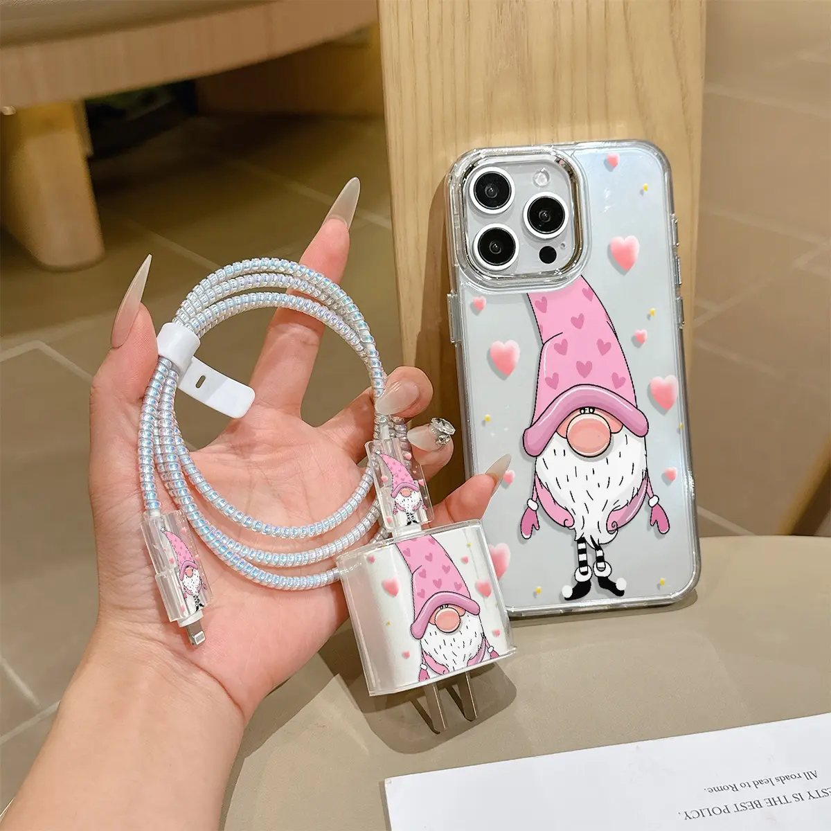 6 Piece Set Transparent Creative Protective Phone Case Pattern, Charger Head Cover, Cable Protector, Storage Rope, Data Line Protection, iPhone 6-17 Pro Max Accessories