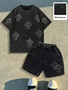 Men's Letter Print Cotton Fitted Short Sleeve Shirt & Shorts Set Outfit, Casual Summer, Comfortable Soft Fashion Clothing for Your Wardrobe