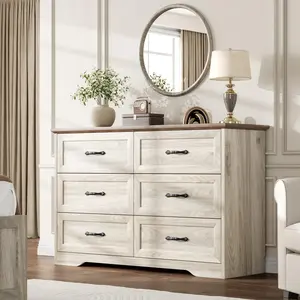 Farmhouse 6 Drawer Dresser, Wooden Storage Chest with Metal Handles, Modern Anti-Collapse Dresser Organizer, Freestanding Cabinet for Bedroom Living Room Hallway, Grey White Brown Multi Finish