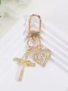 1pc Women's Minimalist Rhinestone Cross & Heart Pendant Keychain Jewelry, Elegant Feng Shui Diamond Heart Delicate Gift, Earphone Case Keychain Accessory Christmas
