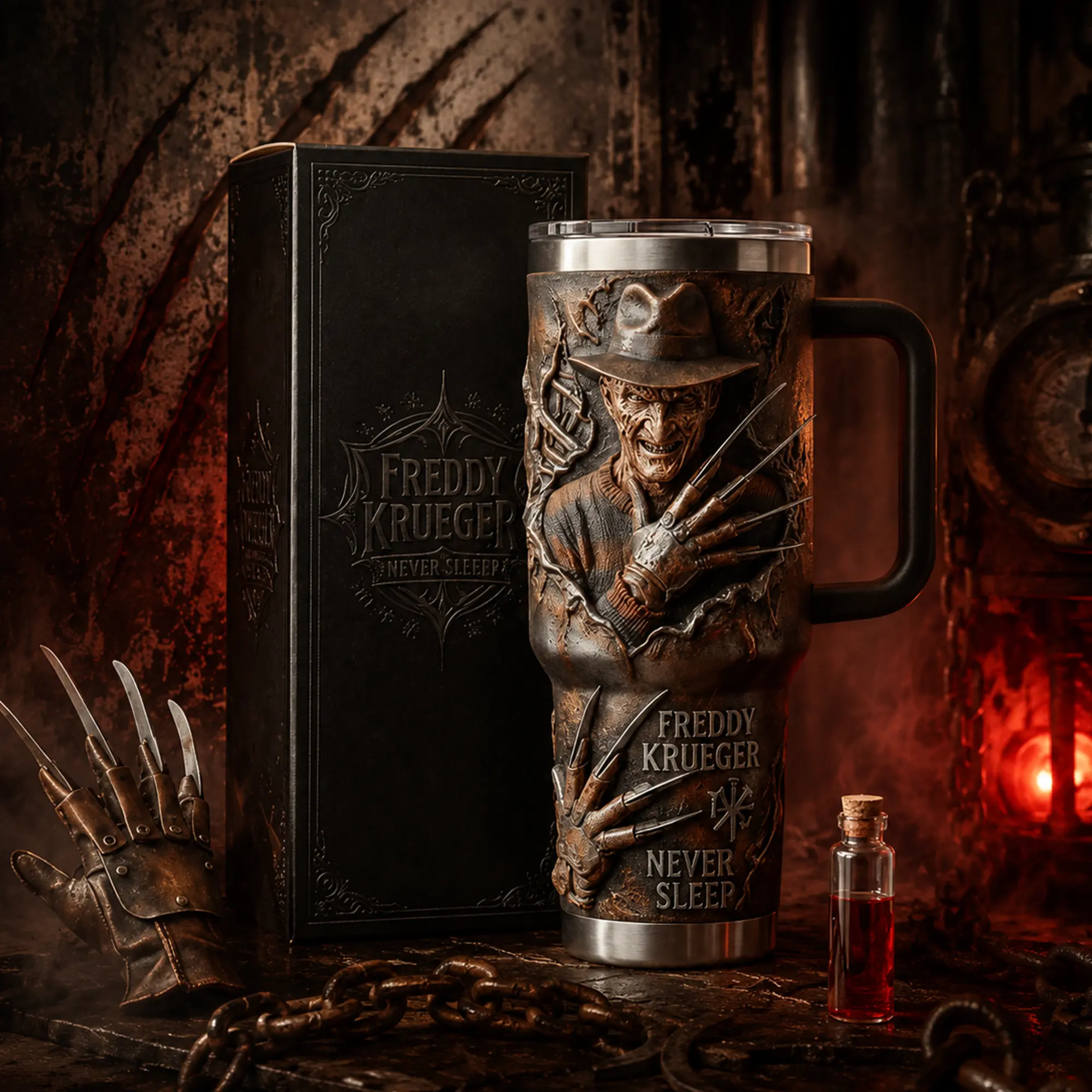 Freddy Krueger “A Nightmare on Elm Street” Vintage Horror Aesthetic 40oz & 20oz Stainless Steel Tumbler with Handle – Dream Stalker Insulated Mug, Slasher Movie Fan Style Cup, Retro Elm Street Design, Leakproof Travel Gift.