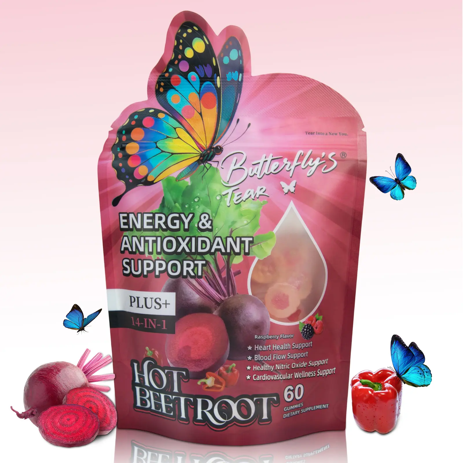 Butterfly’s Tear Hot Beetroot Superfood Gummies – Beet Root, Cayenne, Turmeric & Resveratrol – Supports Heart Health, Brain Function & Antioxidant Defense – 60 Count Daily Wellness Gummies
