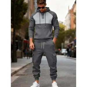 Men’s heavy wool winter workwear set featuring a color-blocked hooded sweatshirt, detachable multifunctional sports pants, and a multi-pocket, button-closure, drawstring jacket.