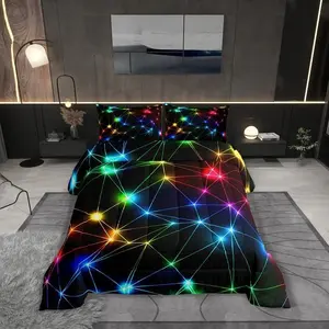 Rainbow Neon Lights Comforter Set for Kids,Colorful Glowing Crossed Stripes (Not Glowing) Bedding Set,Teens Boys Room Decor,Geometric Modern Comforter for All Seasons