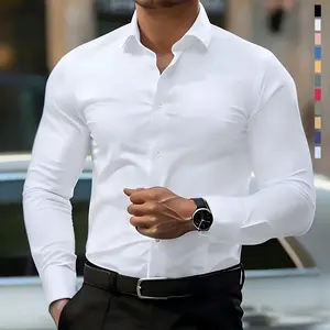 Men’s slim-fit long-sleeve shirt; casual dress shirt with button front for semi-formal and business-casual occasions; men’s formal lining; solid color pointed-collar long-sleeve shirt with button front; Father’s Day gift menswear,summerwins,father'sdaygif