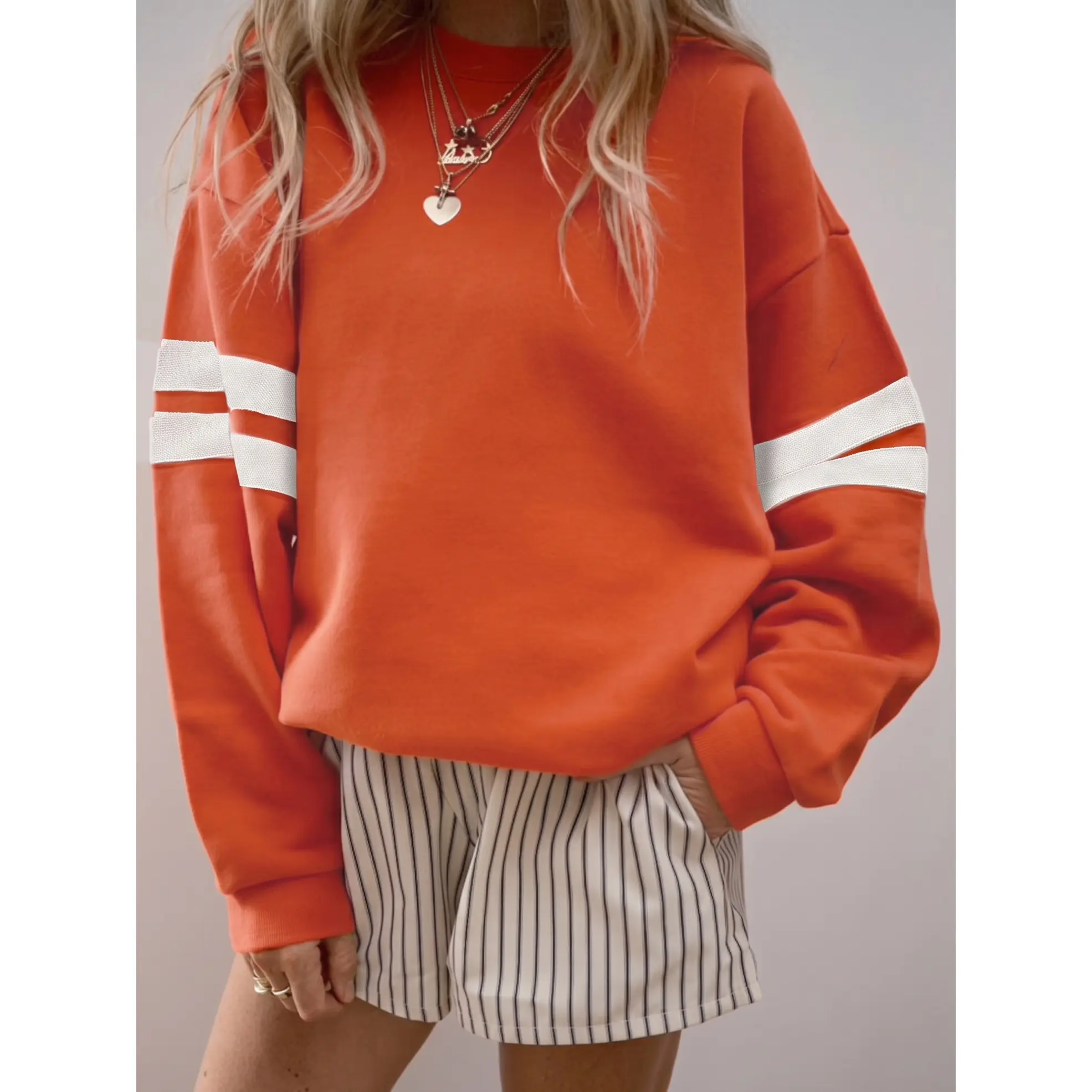Women's Orange Varsity Striped Detail Drop Shoulder Oversized Sweatshirt, Casual Fit Top, Long Sleeve,Back To School