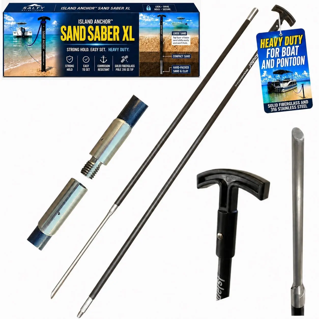 Island Anchor® Sand Saber™ XL 8FT - 2 Piece - Shallow Water Anchor Pole for Hard Sand & Clay