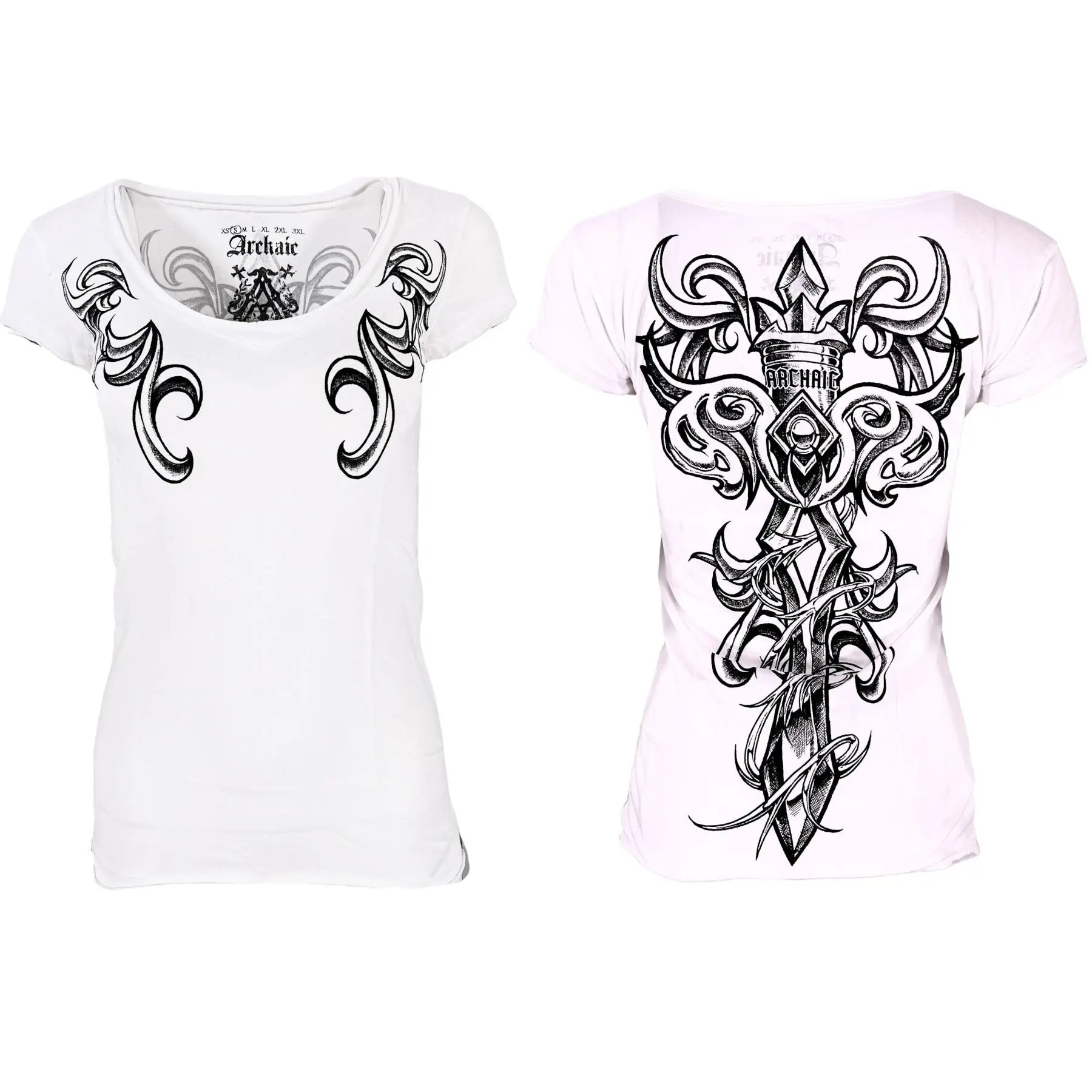 Archaic by Affliction Women's Short-Sleeve T-Shirt - Skull and Sword Graphic Killer Widow Top, Skull And Sword Graphic Women's T-Shirts, Shortsleeve, Streetwear, Casual, Tshirt