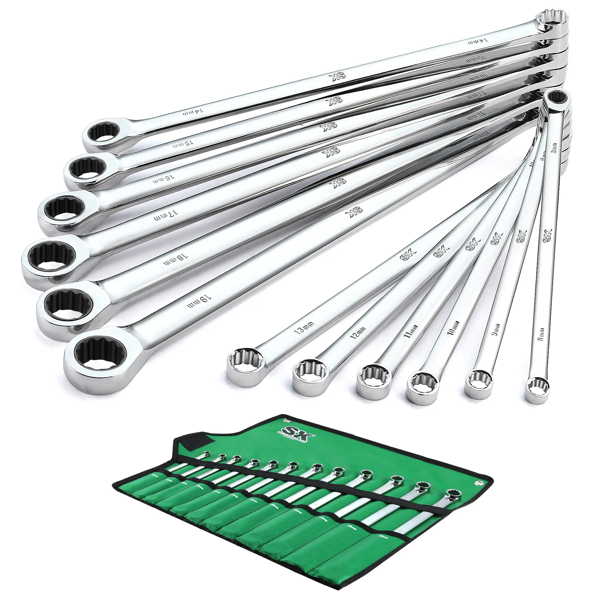 #fathersdaygift SK Extra Long Ratcheting Wrench Set, Double Box End Wrench Set, 12-Pack, Metric, 8 mm to 19 mm, 72-Tooth, Premium CR-V Construction, with Rolling Pouch