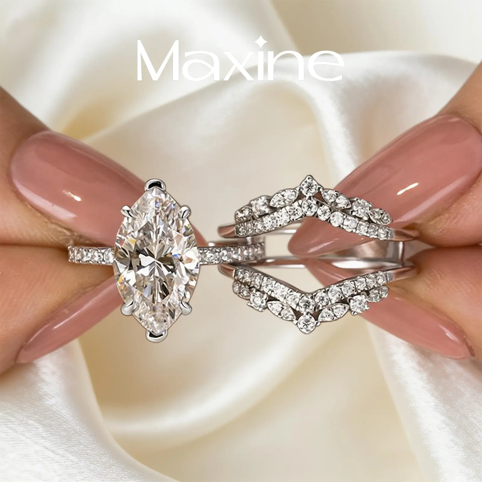 MAXINEJEWELRY Women's 2PC Lab-Created Moissanite Engagement Ring Set, 4.0ct VVS1 Marquise Cut Insert, Bridal Wedding Jewelry for Proposal, Anniversary, Moissanite Lab Created, Engagement Rings
