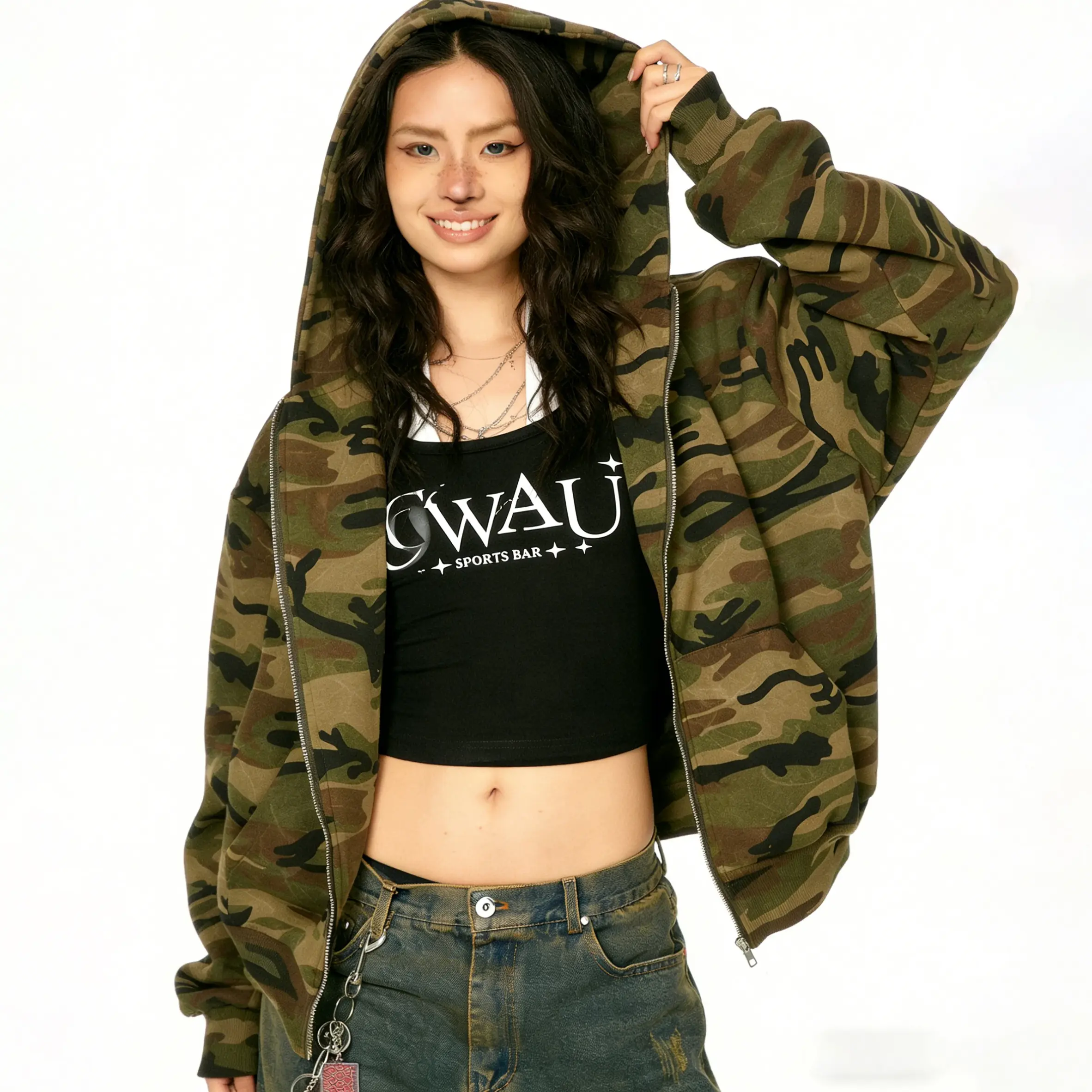 Inflation Men's Camouflage Prints Hoodie - Cropped Boxy Pull-On, Loose-Fitting Poly-Cotton Street Style Top for Casual Driving/OOTD, Outfit Inspiration Essential Streetwear
