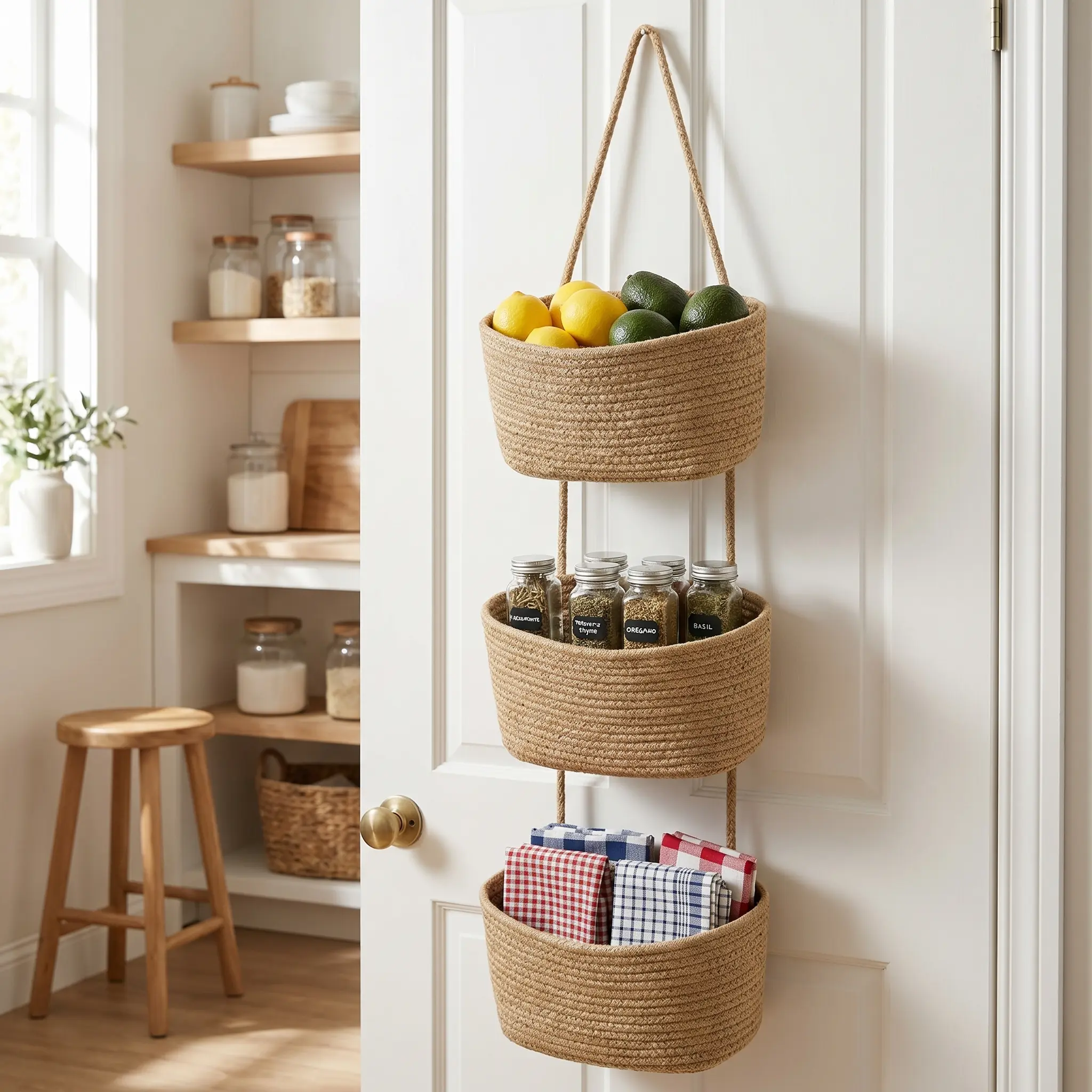 Hanging Over the Door Organizer, 3-Tier Woven cotton Jute Basket, Wall-Mounted Storage Bag, Decorative Nursery Baskets target baskets black box covered wax room caddy ideal storage shelf storage basket small woven basket small storage basket tiktoksh