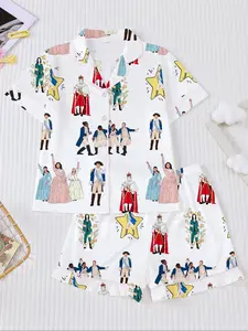 2-piece Hamilton musical themed printed children's pajamas set, short sleeve button-down soft top and loose elastic shorts, cute beautiful fashionable daily wear holiday sleepover party outfit, casual outdoor home comfy girls nightwear and loungewear.
