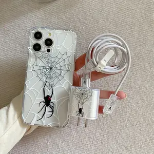 Transparent Space Shell iPhone Case 5-Piece Set, Spider Pattern TPU Shockproof Case, Includes Charger Headset and Cable Protector, Compatible with iPhone 15 Series and Earlier Models