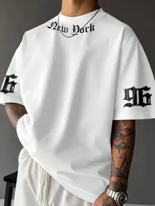 Men's American Fashion Streetwear Oversized Short Sleeve T-Shirt, Vintage Gothic New York Letter Print, Summer Loose Fit Casual Tee, Menswear