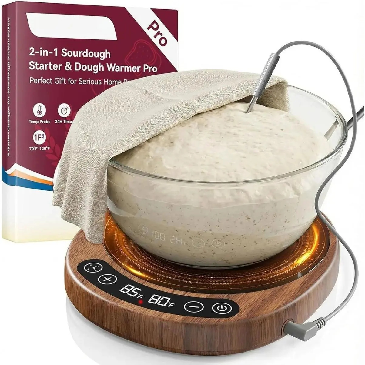 SourKeeper 2-in-1 Pro Sourdough Starter Warmer (2026 Upgrade) - 6.5-in Round Walnut Base, Larger Heating Plate, Dough Temp Probe, 1°F Digital Temp Control, 70-110°F Range, 24-Hour Timer, LED Display, Auto Warming Switch, Real-Time Monitoring, Rustic Look,
