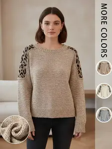 Women's Leopard Print Knitted Sweater, Casual Loose Long Sleeve Round Neck Jumper for Fall & Winter, Fashion Ladies' Knitwear for Daily Wear