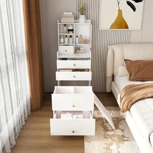 3-in-1 Vanity w/Hidden Stool - 4 Drawers + Cabinet (White)